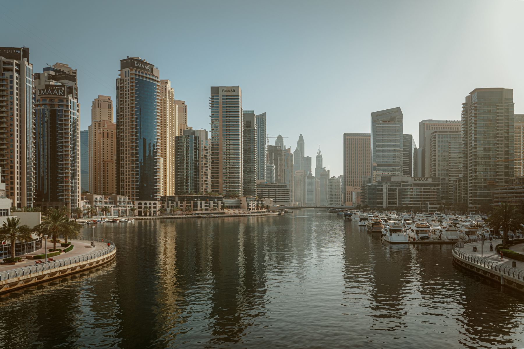 Dubai Marina towers reflected in the water